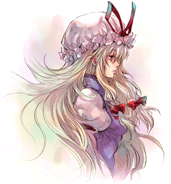 shika (pixiv), yakumo yukari, touhou, bad id, bad pixiv id, 1girl, blonde hair, bow, female focus, gradient background, hair bow, hat, long hair, profile, purple eyes, ribbon, solo