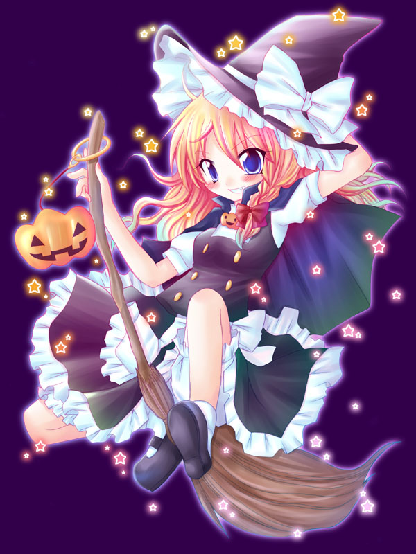 meiya neon, kirisame marisa, touhou, 1girl, blonde hair, bloomers, braid, broom, broom riding, dress, female focus, flying, full body, hat, jack-o'-lantern, long hair, neon (pixiv), pumpkin, ribbon, solo, star (symbol), underwear, witch, witch hat