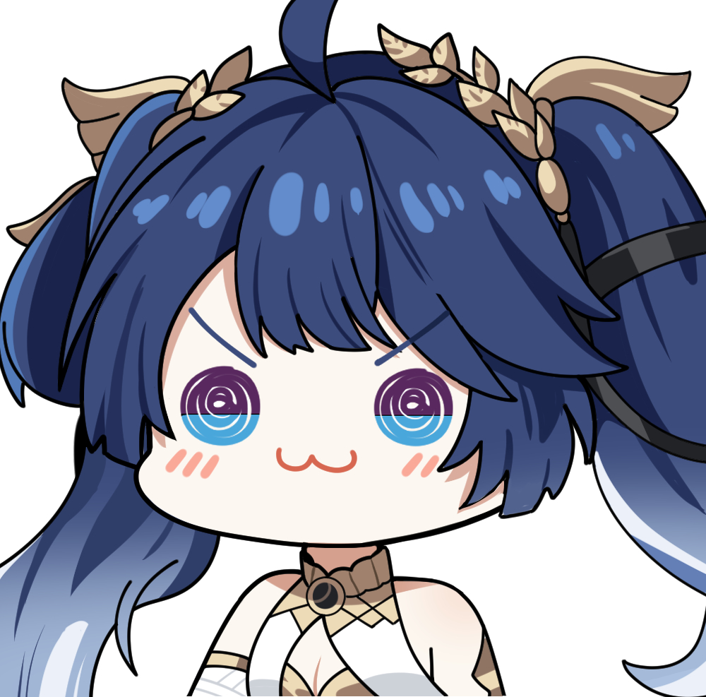 twomoon, iuno (wuthering waves), wuthering waves, commentary, english commentary, 1girl, :3, ahoge, armlet, bare shoulders, blue eyes, blue hair, breasts, chibi, chibi only, cleavage, closed mouth, gold bra, gradient hair, jewelry, laurel crown, medium breasts, multicolored hair, portrait, simple background, solo, twintails, v-shaped eyebrows, white background