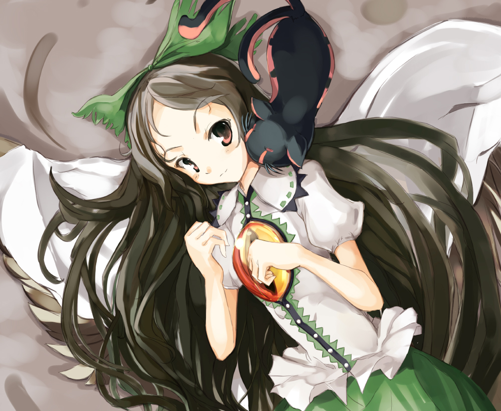 ginka (ginkashino), kaenbyou rin, kaenbyou rin (cat), reiuji utsuho, touhou, bad id, bad pixiv id, 1girl, black hair, cat, female focus, long hair, multiple tails, red eyes, ribbon, skirt, solo, tail, wings