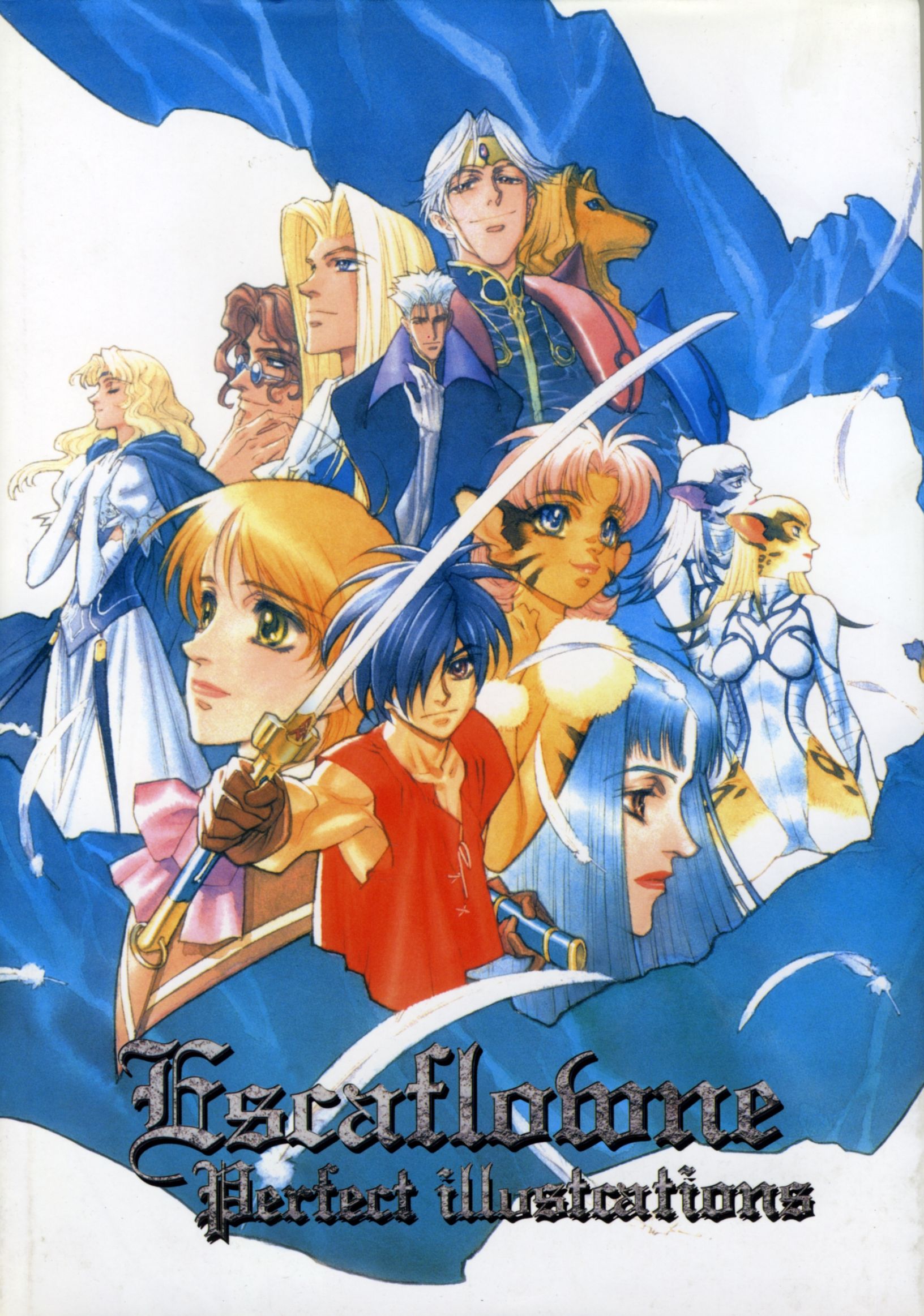 yuuki nobuteru, allen schezar, dilandau albatou, dryden fassa, folken fanel, jajuka, jajuka (tenkuu no escaflowne), kanzaki hitomi, merle (tenkuu no escaflowne), millerna aston, naria, van fanel, varie, varie (tenkuu no escaflowne), tenkuu no escaflowne, highres, official art, scan, 1990s (style), 5boys, 6+girls, animal ears, blonde hair, blue eyes, bow, brown hair, cat ears, copyright name, dress, elbow gloves, feathers, gloves, hair over one eye, long hair, multiple boys, multiple girls, pink bow, pink hair, retro artstyle, sword, weapon