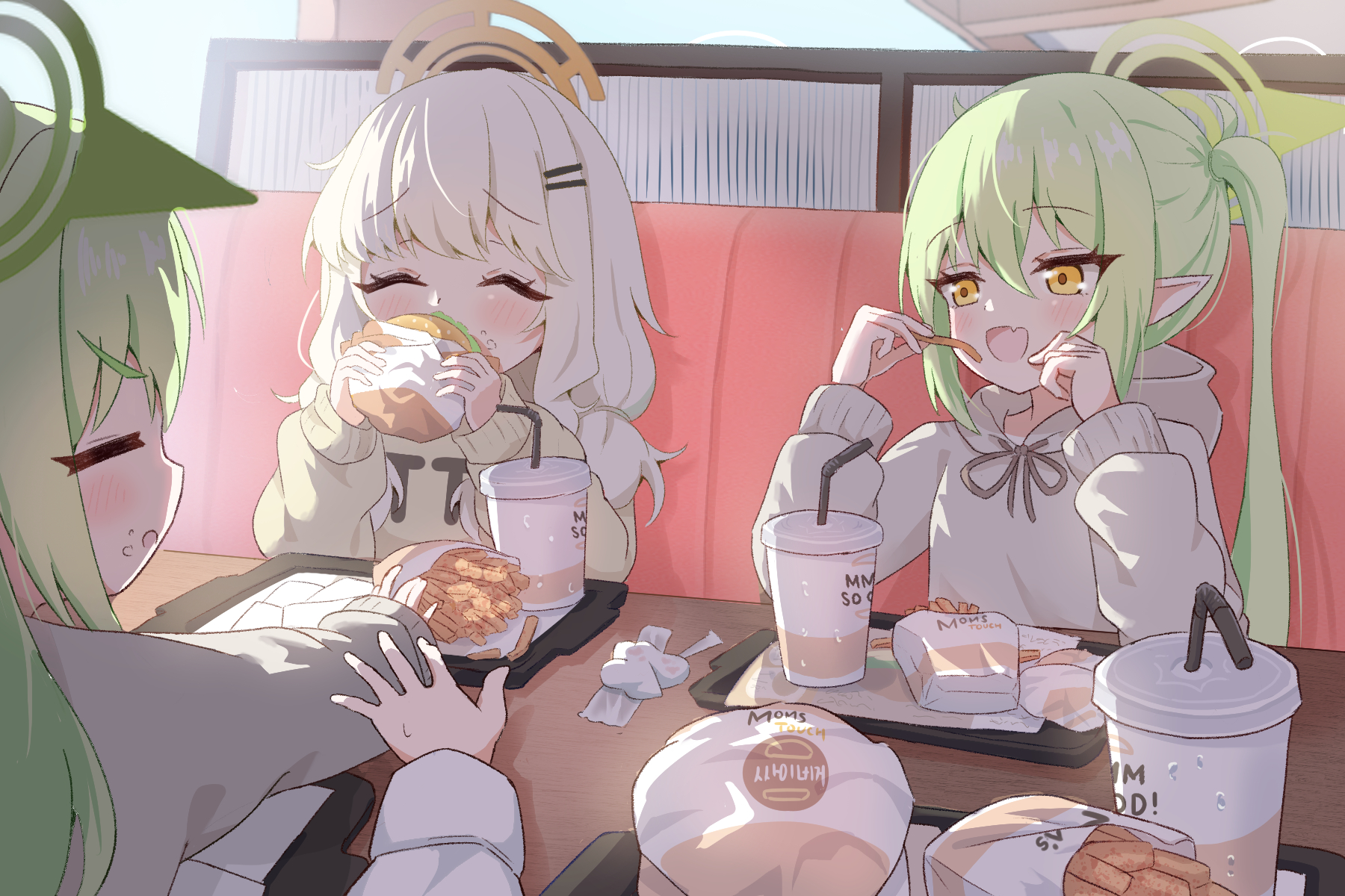 mikumiku37, aoba (blue archive), aoba (mom's touch) (blue archive), hikari (blue archive), hikari (mom's touch) (blue archive), nozomi (blue archive), nozomi (mom's touch) (blue archive), blue archive, highres, 3girls, burger, closed eyes, cup, food, french fries, green hair, halo, holding, hood, long hair, multiple girls