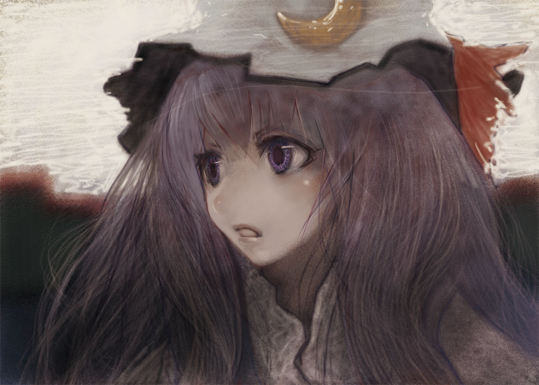 madokan suzuki, patchouli knowledge, touhou, 1girl, close-up, female focus, hat, lips, long hair, purple eyes, purple hair, solo