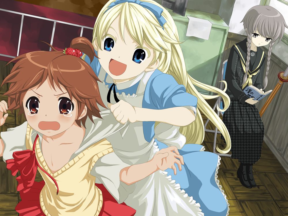 zakki, alice (alice in wonderland), hanamura yousuke, kuma (persona 4), kyon no imouto, nagato yuki, narukami yu, suzumiya haruhi, alice's adventures in wonderland, atlus, persona, persona 4, suzumiya haruhi no yuuutsu, bad id, bad pixiv id, gender request, 3boys, alice (alice in wonderland) (cosplay), blonde hair, blue eyes, braid, brown eyes, brown hair, cosplay, crossdressing, crossdressing (mtf), food, forced dressing, fruit, genderswap, grey eyes, hairband, indoors, male focus, multiple boys, parody, ponytail, ribbon, strawberry, tears, torn clothes, trap, twin braids, yaoi, you gonna get raped