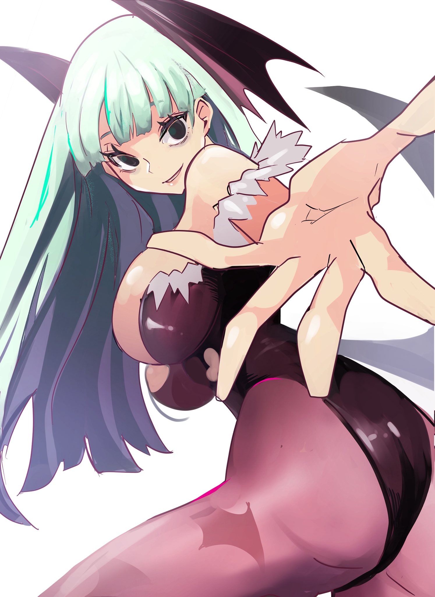 meke (77842928), morrigan aensland, darkstalkers, highres, 1girl, animal print, bat print, blunt bangs, breasts, bridal gauntlets, cleavage, demon wings, green hair, head wings, looking at viewer, looking back, offering hand, pantyhose, pink pantyhose, simple background, smile, solo, white background, wings