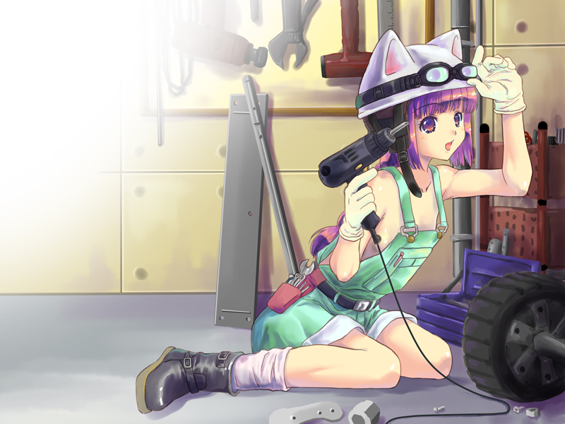 tama two (fukuya), original, source request, 1girl, boots, engineer, female focus, gloves, goggles, goggles on head, helm, helmet, naked overalls, overall shorts, overalls, pink hair, purple eyes, purple hair, short hair, sitting, solo, tools, wariza
