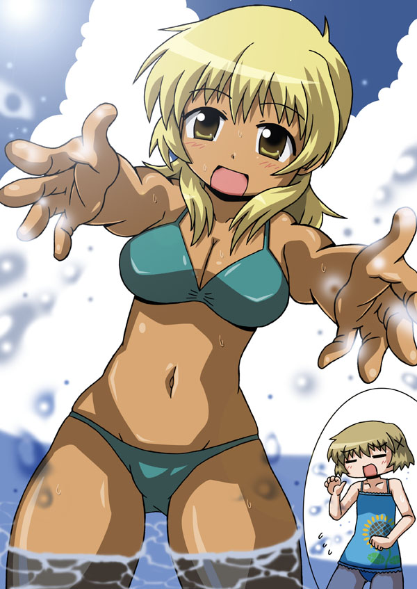 poinikusu, miyako (hidamari sketch), yuno (hidamari sketch), hidamari sketch, 00s, 2girls, :d, bikini, bikini tan, blonde hair, blue one-piece swimsuit, blush, breasts, brown hair, cleavage, closed eyes, cloud, day, floral print, large breasts, midriff, multiple girls, navel, ocean, one-piece swimsuit, open mouth, outstretched arms, reaching, smile, splashing, swimsuit, tan, tanline, wading, yellow eyes