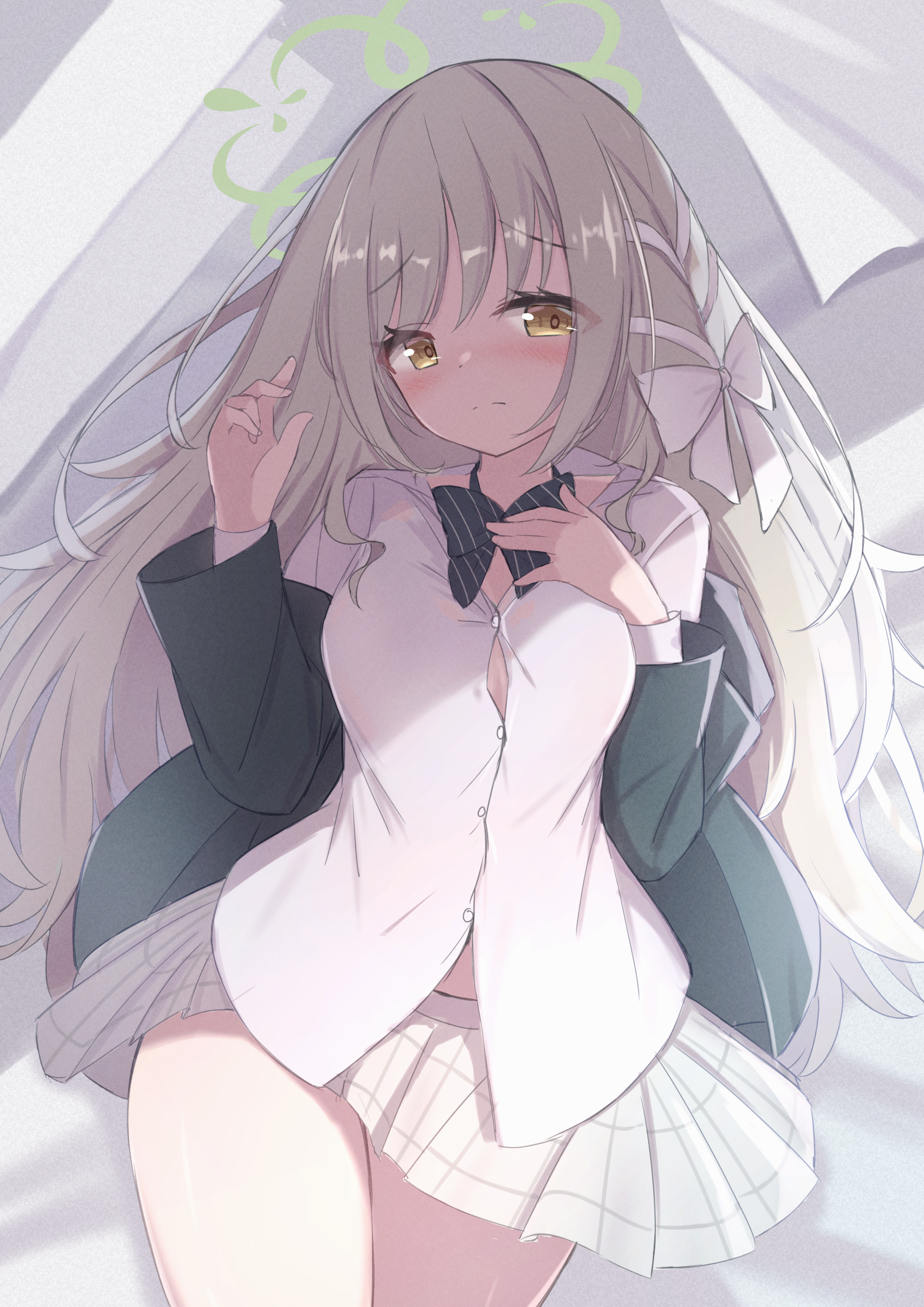 mashiro281, miyo (blue archive), nonomi (blue archive), blue archive, absurdres, highres, 1girl, blush, breasts, closed mouth, green halo, grey hair, halo, jacket, large breasts, long hair, miniskirt, shirt, skirt, solo, white shirt, white skirt