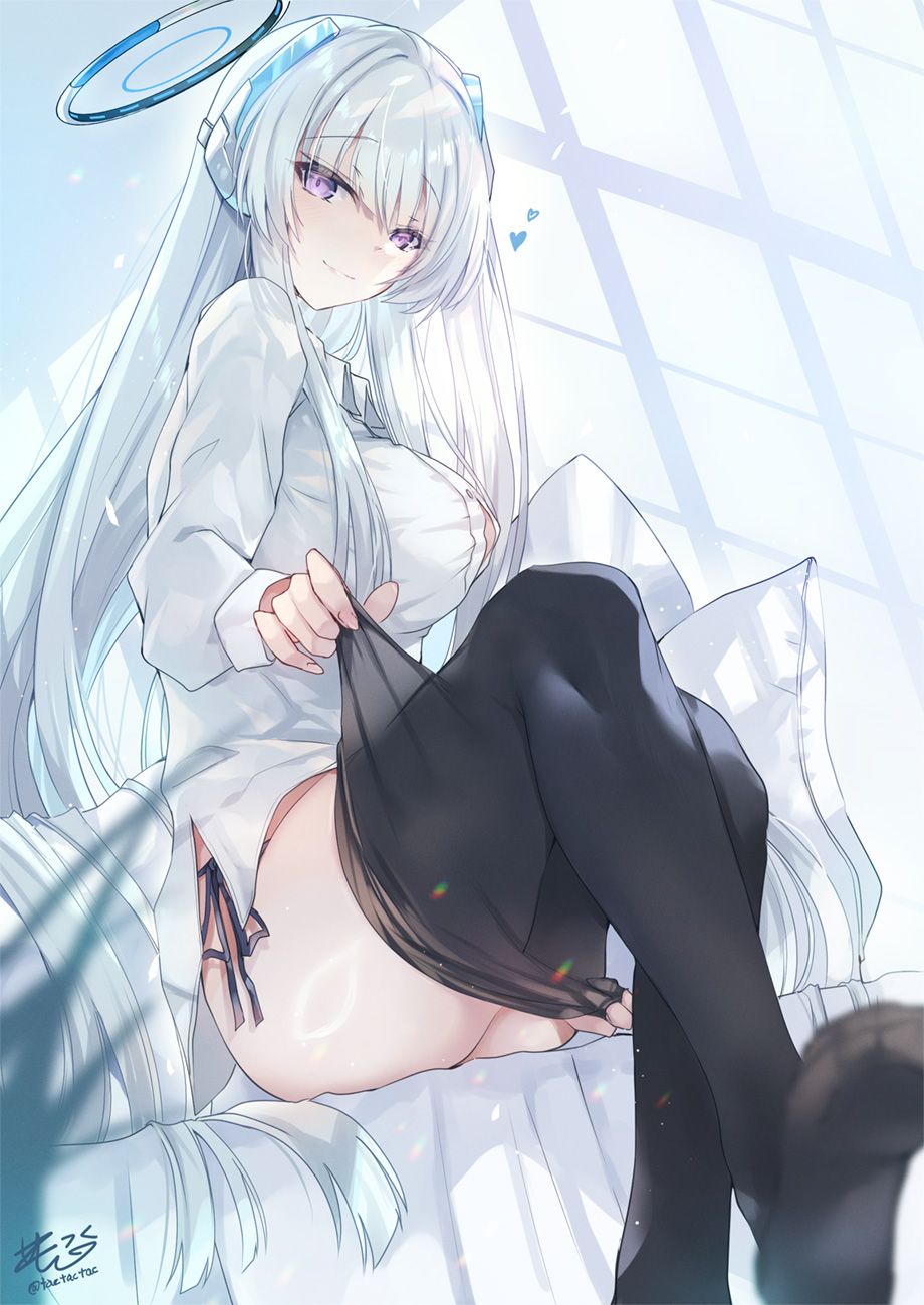 inoue takuya (tactactak), noa (blue archive), blue archive, highres, 1girl, artist name, black panties, black pantyhose, breasts, clothes pull, collared shirt, halo, headgear, heart, large breasts, long hair, long sleeves, looking at viewer, mechanical halo, no pants, no shoes, panties, pantyhose, pantyhose pull, pillow, purple eyes, shirt, side-tie panties, sign, sitting, smile, solo, string panties, underwear, white hair, white halo, white shirt