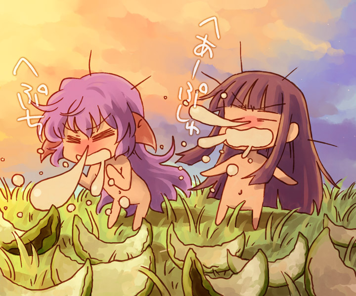 nekokun, furude rika, hanyuu, higurashi no naku koro ni, 00s, 2girls, blue hair, food, fruit, horns, long hair, multiple girls, nude, purple hair, saliva, sneezing, watermelon