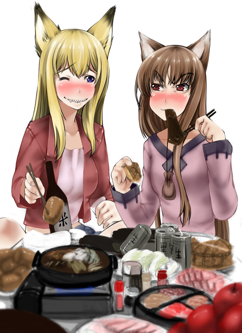 abubu, holo, tenko kuugen, spice and wolf, wagaya no oinari-sama, non-web source, 00s, 2girls, animal ears, blonde hair, blush, brown hair, crossover, eating, food, fox ears, long hair, multiple girls, wolf ears