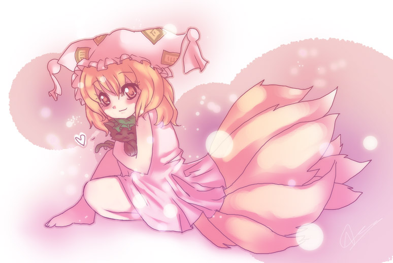 noorrzz, chen, chen (cat), yakumo ran, touhou, 1girl, animal ears, animal hat, barefoot, blonde hair, blush, cat, female focus, fox ears, fox tail, hat, heart, hug, lingerie, mob cap, multiple tails, nightgown, short hair, sleeveless, solo, tail, tassel, underwear, yellow eyes