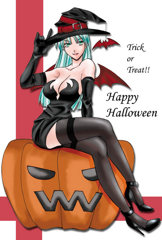 morrigan aensland, capcom, darkstalkers, 1girl, aqua hair, bare shoulders, bat (animal), breasts, cleavage, crossed legs, demon girl, elbow gloves, female focus, gloves, green eyes, halloween, happy halloween, hat, head wings, high heels, jack-o'-lantern, legs, pumpkin, shoes, sitting, solo, thighhighs, trick or treat, wings, witch hat