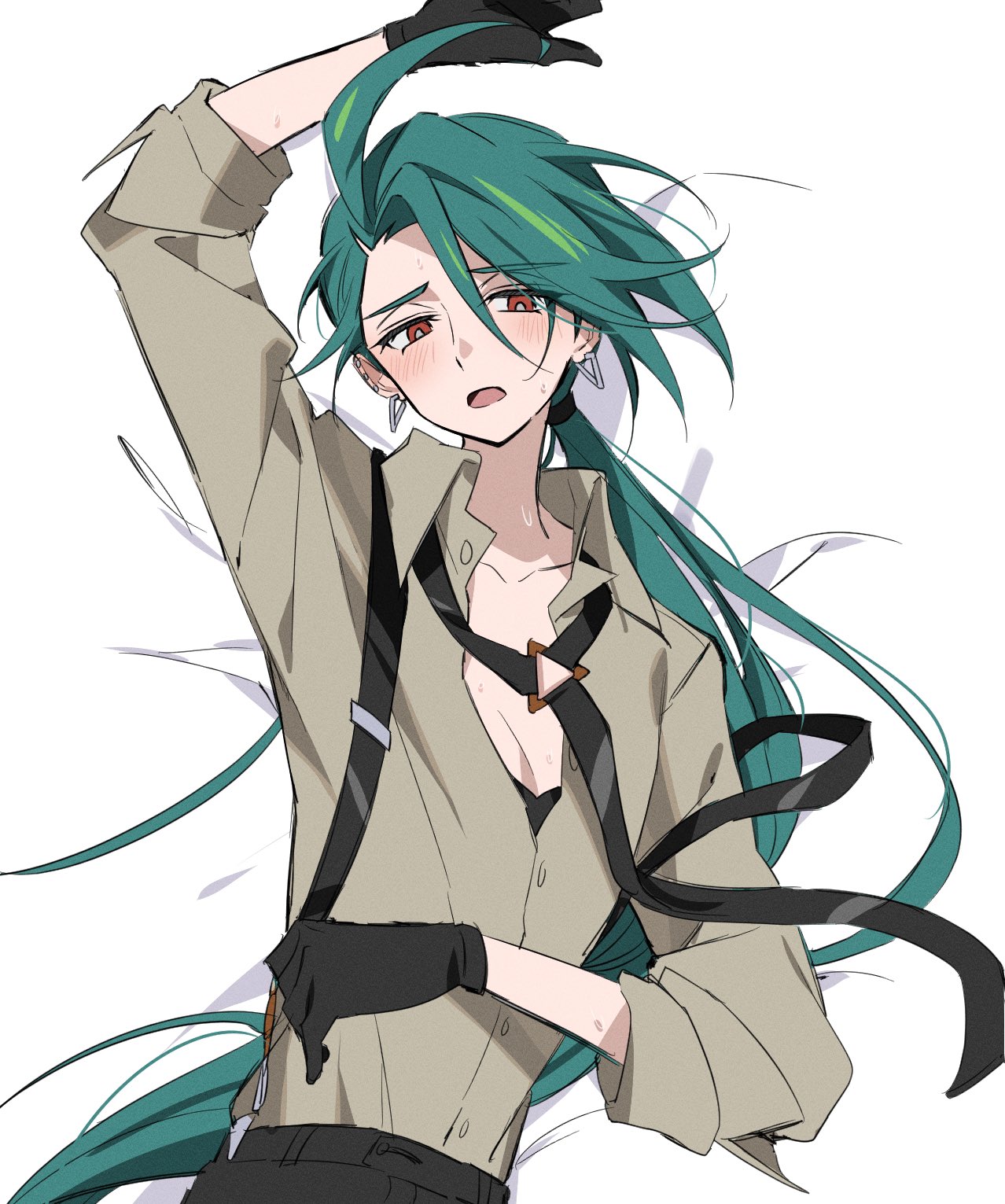 go mi 111, rika (pokemon), nintendo, pokemon, pokemon sv, highres, 1girl, ahoge, androgynous, asymmetrical bangs, black gloves, black necktie, black pants, blush, breasts, bright pupils, cleavage, collared shirt, ear piercing, earrings, gloves, green hair, half-closed eyes, jewelry, long hair, necktie, on bed, open mouth, pants, partially unbuttoned, piercing, ponytail, raised eyebrows, red eyes, reverse trap, shirt, small breasts, solo, suspenders, triangle earrings, upper body, white pupils