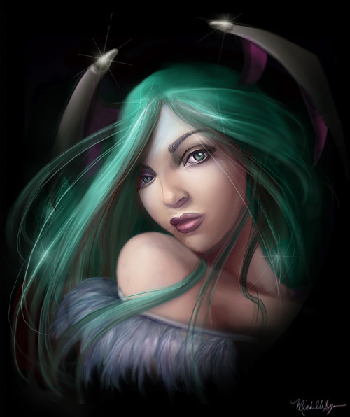 morrigan aensland, capcom, darkstalkers, bare shoulders, demon girl, green eyes, green hair, head wings, lips, realistic, solo, wings