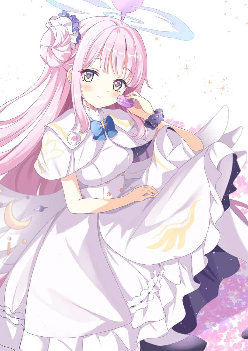 rikopin, mika (blue archive), blue archive, highres, 1girl, angel wings, blue bow, blush, bow, breasts, buttons, capelet, closed mouth, crescent, double-breasted, dress, feathered wings, flower, food, gold trim, hair bun, hair flower, hair ornament, holding, holding food, long hair, looking at viewer, low wings, macaron, medium breasts, scrunchie, single hair bun, single side bun, smile, solo, very long hair, white capelet, white dress, white overskirt, white wings, wing ornament, wings, wrist scrunchie, yellow eyes