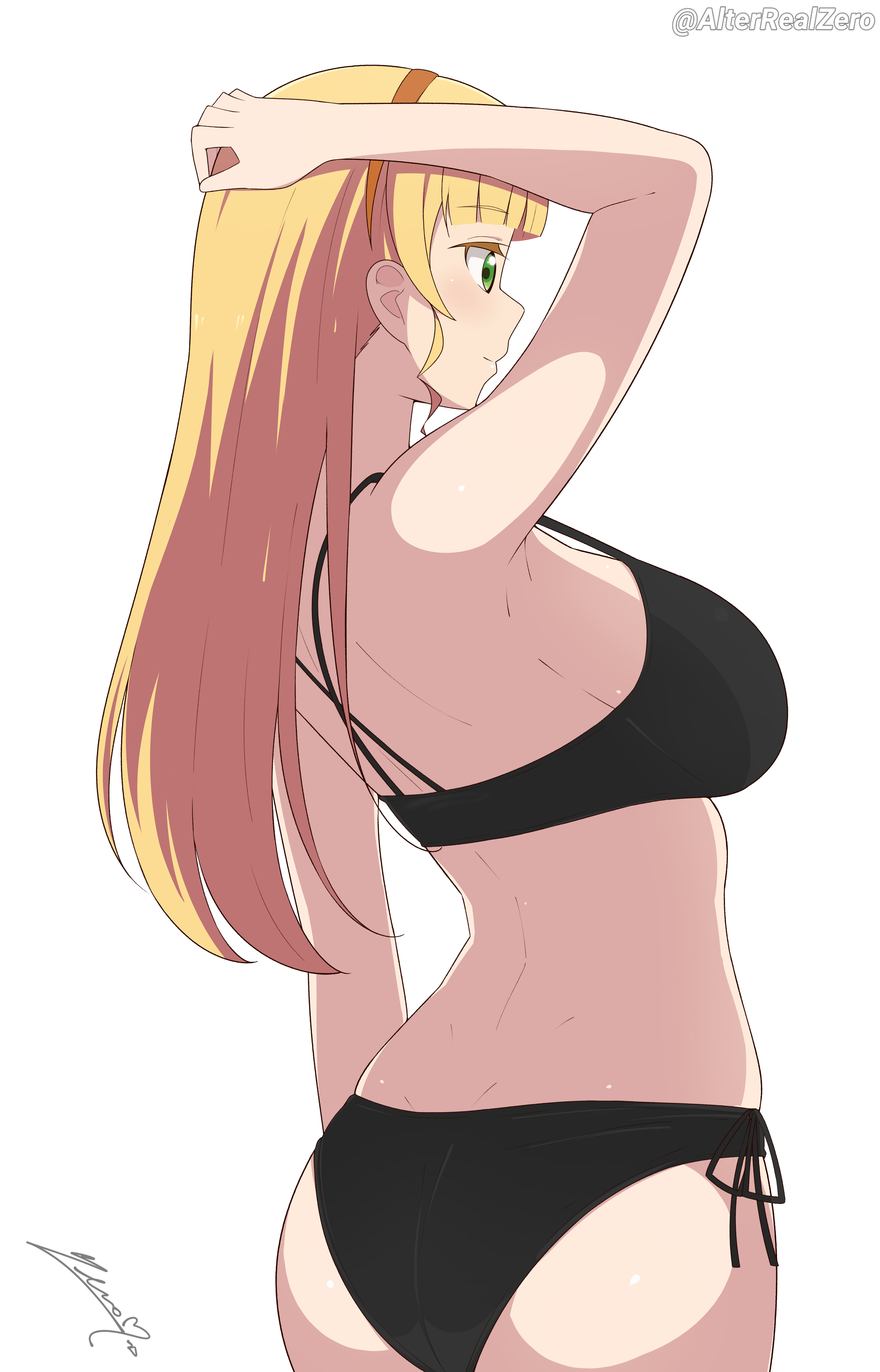 alterrealzero, heanna sumire, love live!, love live! superstar!!, absurdres, highres, 1girl, ass, back, bikini, black bikini, blonde hair, breasts, facing to the side, from behind, green eyes, hairband, large breasts, long hair, looking ahead, orange hairband, simple background, solo, strap gap, swimsuit, very long hair, white background