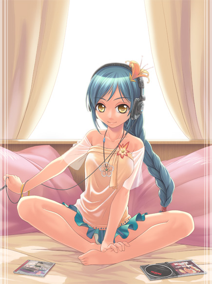 man (trance), original, the rock (film), the rock (movie), 1girl, bare shoulders, barefoot, braid, cd, cd case, crossed legs, feet, female focus, full body, green hair, hands on feet, headphones, indian style, legs, long hair, panties, pantyshot, plantar flexion, single braid, sitting, skirt, solo, underwear, yellow eyes