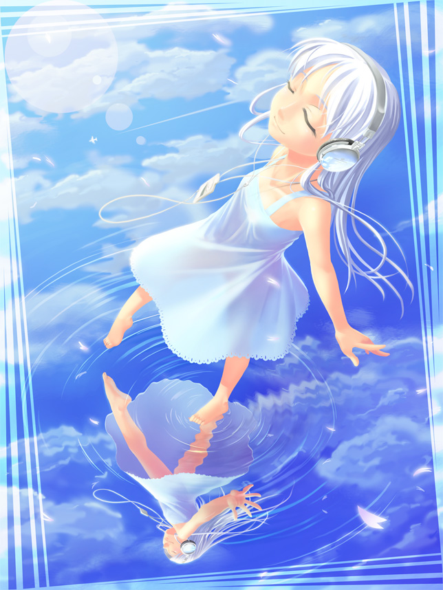 man (trance), original, 1girl, barefoot, closed eyes, cloud, contrail, day, digital media player, dress, female focus, headphones, lens flare, long hair, petals, reflection, reflective water, ripples, see-through clothes, sky, solo, standing, standing on liquid, sundress, water, white dress, white hair