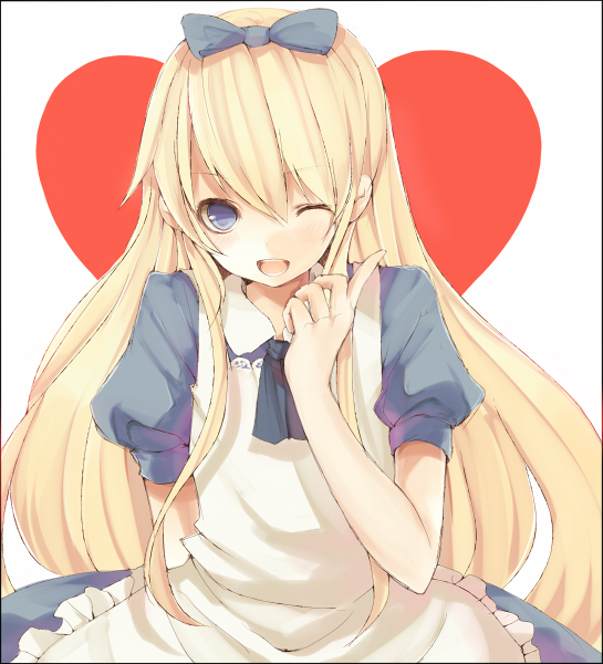 tetsuo (tashirosu), alice (alice in wonderland), kuma (persona 4), alice's adventures in wonderland, atlus, persona, persona 4, bad id, bad pixiv id, 1boy, alice (alice in wonderland) (cosplay), blonde hair, blue eyes, cosplay, heart, long hair, male focus, one eye closed, ribbon, solo, trap, wink