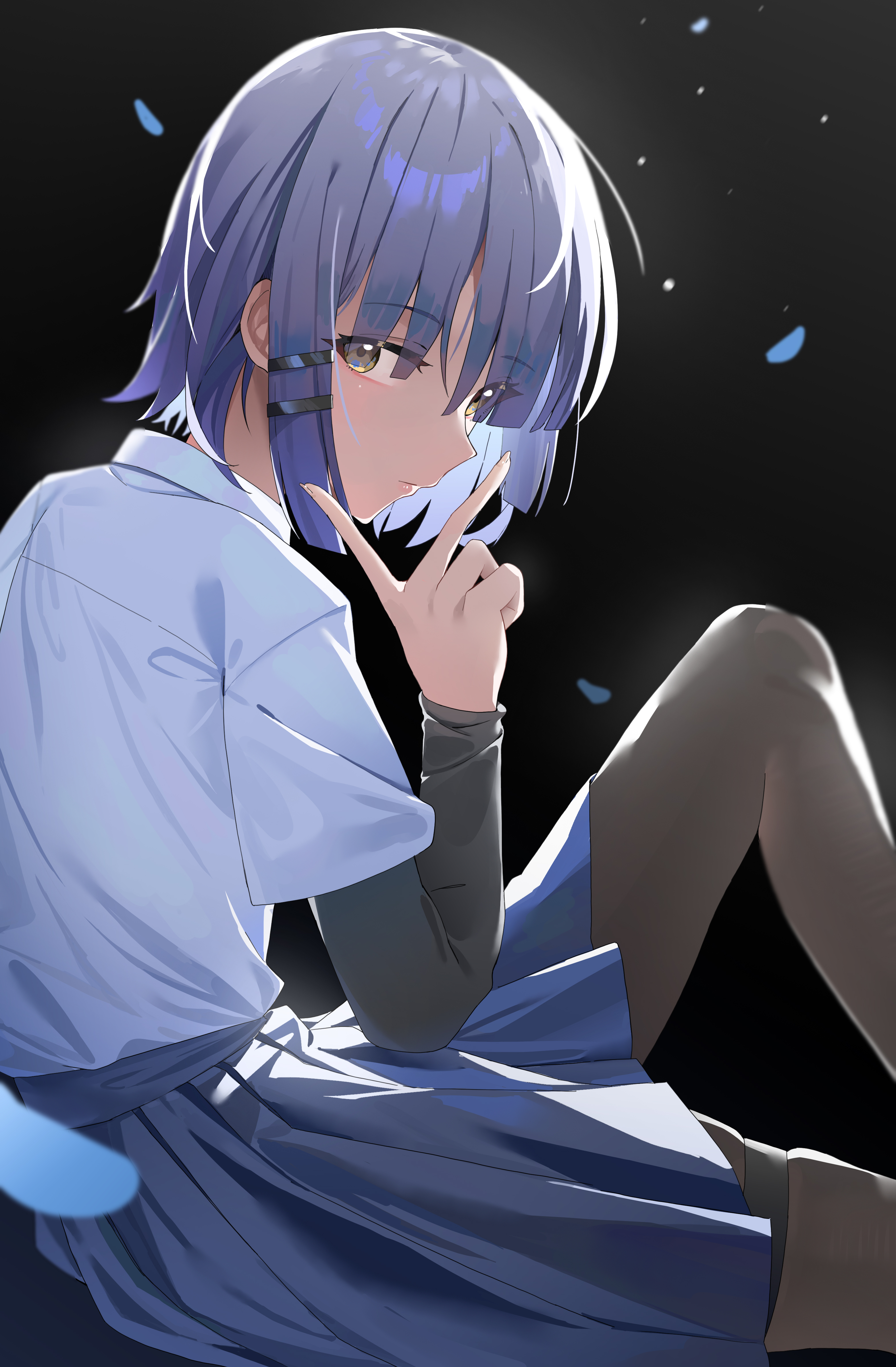 yamada ryo, bocchi the rock!, absurdres, commentary, highres, 1girl, black background, black pantyhose, black sleeves, blue hair, blue petals, blue skirt, blunt bangs, blunt sidelocks, blurry, blurry background, blurry foreground, closed mouth, collared shirt, eyelashes, eyes visible through hair, falling petals, from side, gaueaul, hair ornament, hand up, knee up, lips, looking at viewer, medium hair, nose, pantyhose, petals, pleated skirt, shirt, sidelocks, sitting, skindentation, skirt, solo, thigh strap, v, v over mouth, white shirt, yellow eyes
