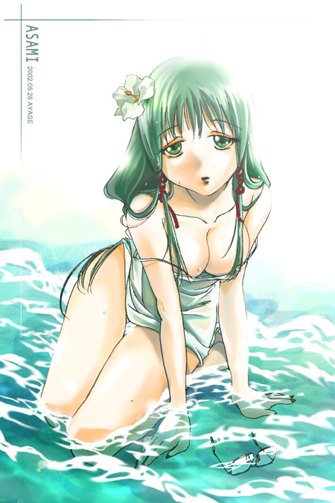 kacka, asami miyako, betterman, 1990s (style), 1girl, breasts, cleavage, female focus, flower, glasses, green eyes, green hair, hair ribbon, large breasts, long hair, matching hair/eyes, miyako asami, nail polish, ocean, red nails, retro artstyle, ribbon, solo, wet