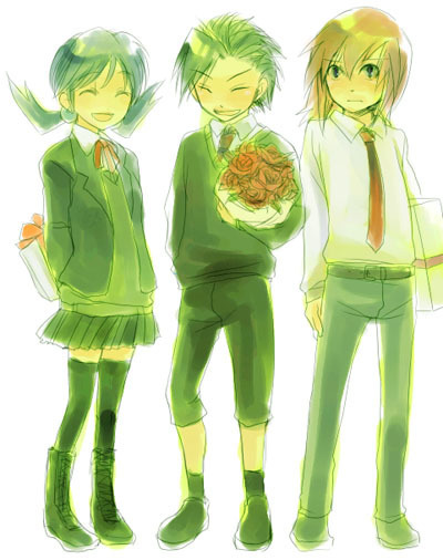 ethan (pokemon), kris (pokemon), silver (pokemon), nintendo, pokemon, pokemon gsc, source request, 1990s (style), 1girl, 2boys, black hair, blue hair, flower, gift, long hair, multiple boys, necktie, red hair, retro artstyle, rose, school uniform, serafuku, short hair, thighhighs, twintails