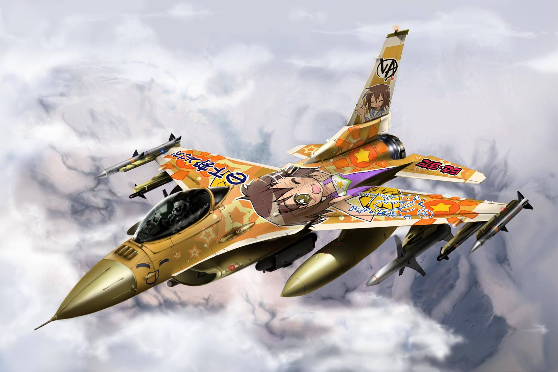 abubu, f-16, kusakabe misao, lucky star, highres, 00s, 1boy, aircraft, airplane, cloud, fighter jet, flying, itasha, military, military vehicle, missile, pilot, sky, star (symbol), va (phrase), vehicle focus, what