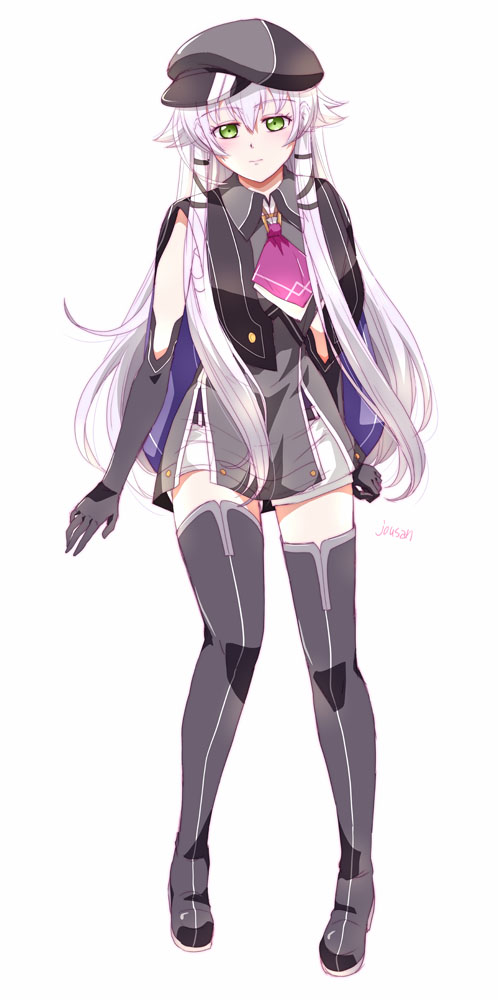 xiacheng tatsuya, altina orion, eiyuu densetsu, sen no kiseki, sen no kiseki (series), sen no kiseki iv, 1girl, artist name, black gloves, black hat, black thighhighs, breasts, double-parted bangs, elbow gloves, flat cap, full body, gloves, green eyes, hair between eyes, hat, long hair, looking at viewer, shorts, simple background, small breasts, solo, tachi-e, thighhighs, two side up, white background, white hair