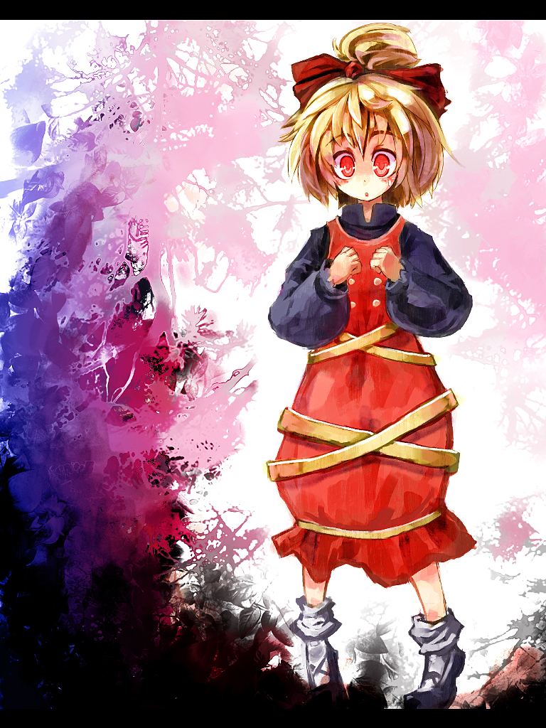 ukyo rst, kurodani yamame, touhou, 1girl, blonde hair, bow, female focus, hair bow, red eyes, ribbon, short hair, solo
