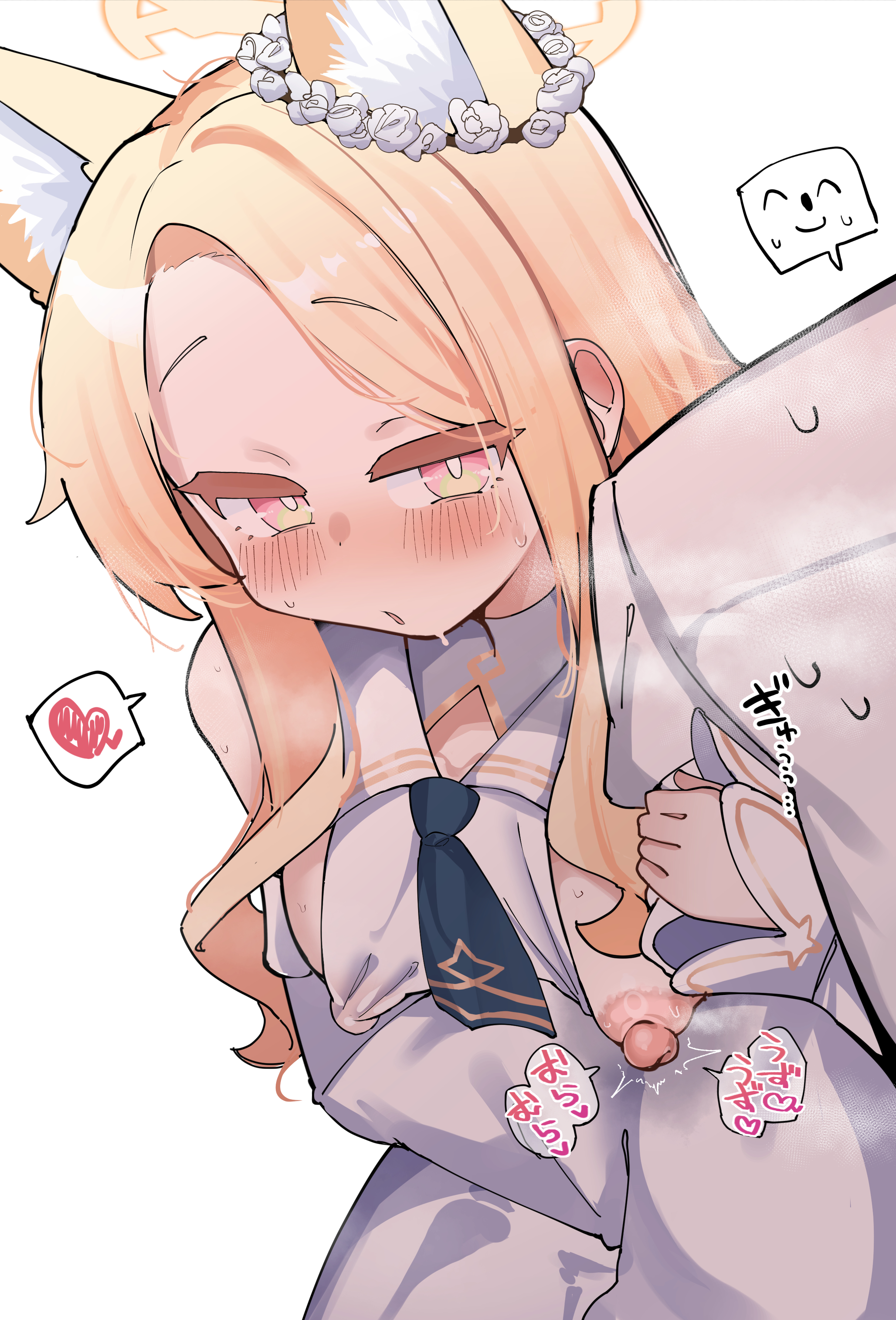 zea lark, seia (blue archive), blue archive, absurdres, highres, 1boy, 1girl, animal ear fluff, animal ears, arm hug, blonde hair, blue necktie, blush, breasts, bright pupils, covered erect nipples, detached sleeves, dress, extra ears, fox ears, heart, hetero, long hair, looking at viewer, necktie, nipples, one eye closed, parted lips, pink eyes, shirt, sleeveless, sleeveless dress, small breasts, solo focus, spoken heart, white background, white dress, white pupils, white shirt