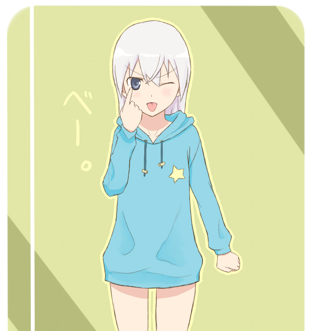 ashuku, eila ilmatar juutilainen, strike witches, world witches series, 00s, 1girl, :p, ;p, akanbe, bottomless, eyelid pull, female focus, no pants, one eye closed, solo, sweater, tongue, tongue out, wink