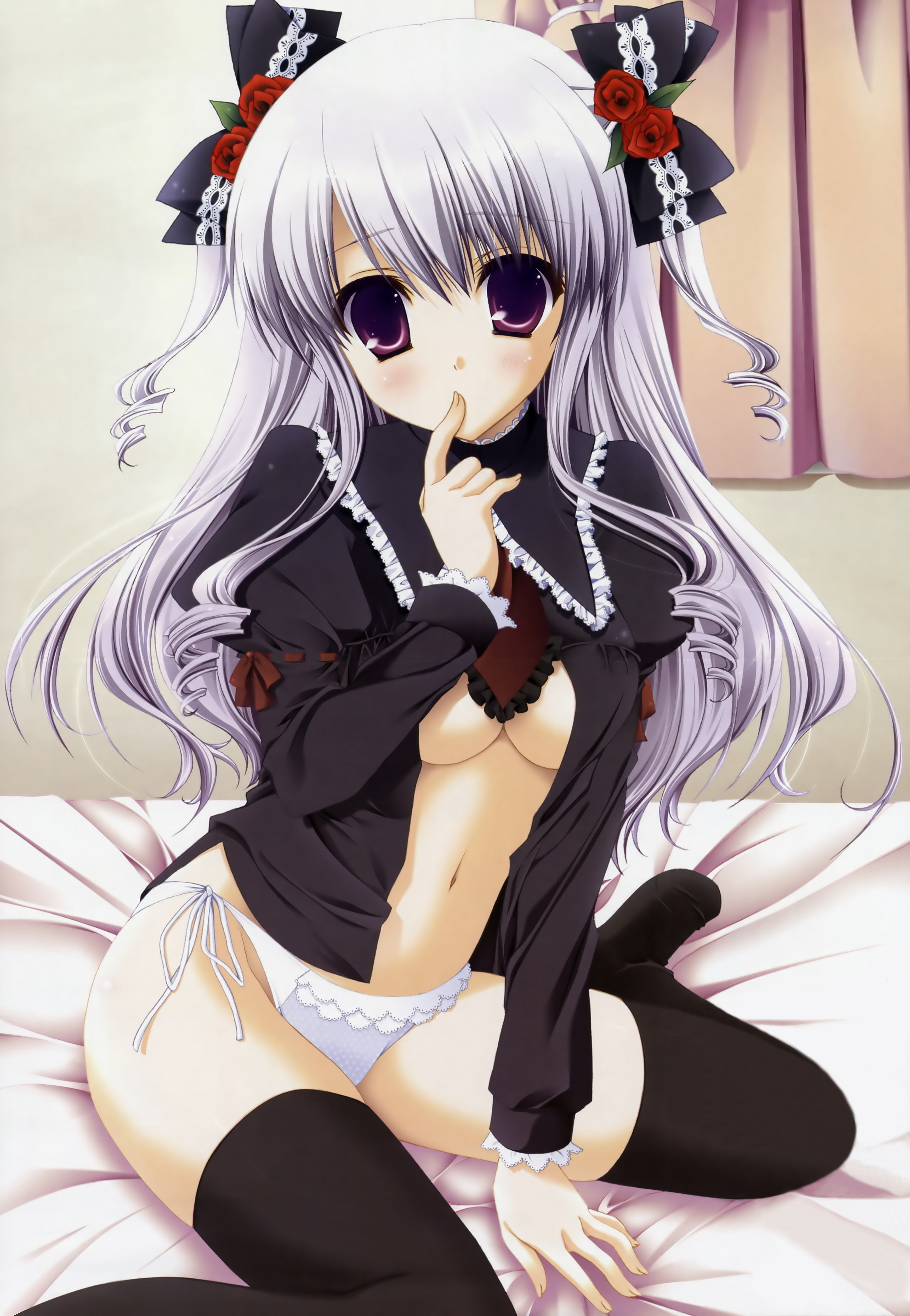 narumi yuu (bunbukudou), absurdres, highres, 1girl, female focus, hair ribbon, open clothes, open shirt, panties, purple eyes, purple hair, ribbon, shirt, solo, thighhighs, underwear