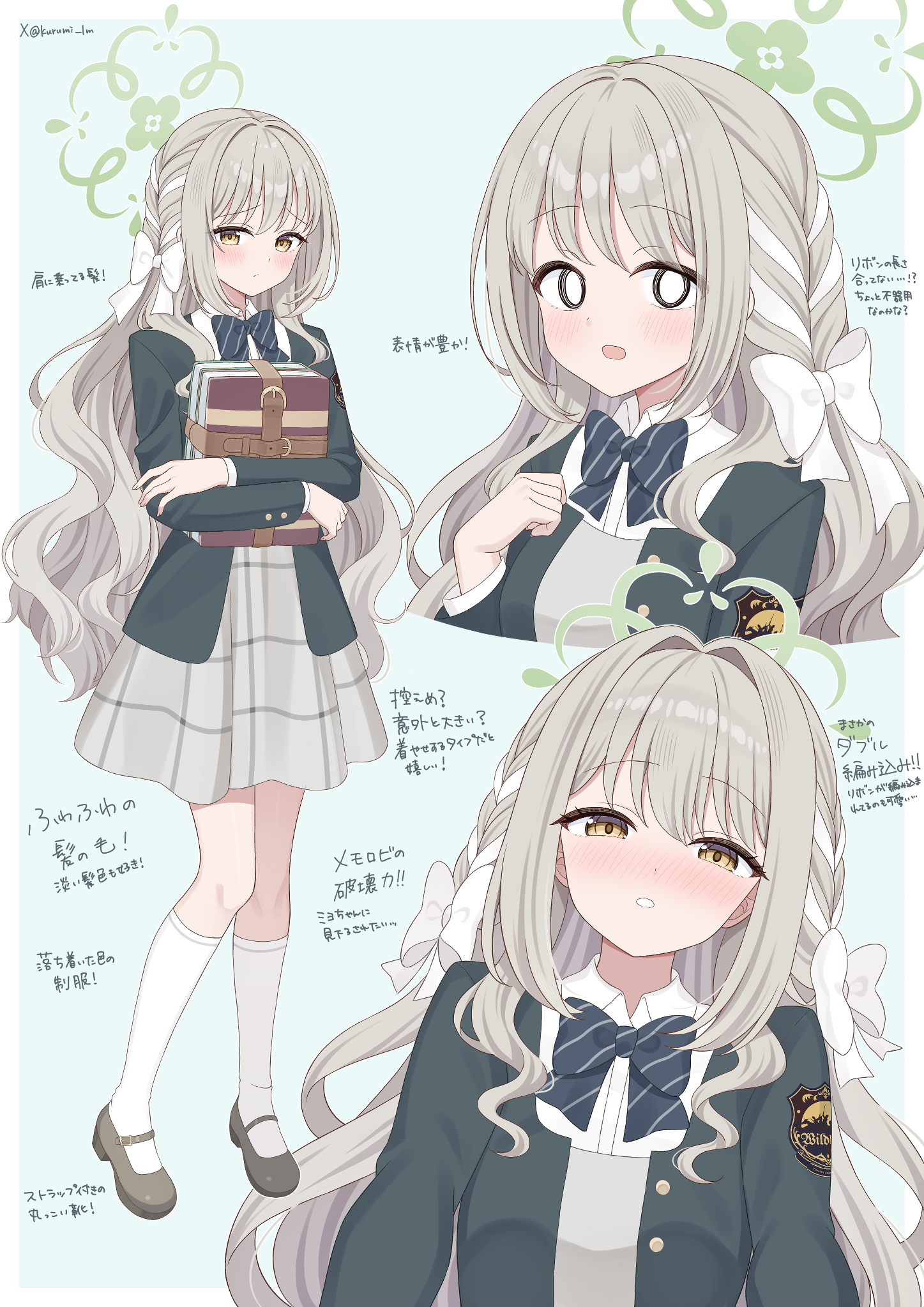 kurumi lm, miyo (blue archive), blue archive, highres, 1girl, blonde hair, blue bow, blush, book, bow, braid, brown shoes, brown skirt, closed mouth, diagonal-striped bow, green halo, green jacket, hair bow, halo, holding, holding book, jacket, long hair, looking at viewer, open mouth, parted lips, plaid clothes, plaid skirt, shirt, shoes, skirt, striped bow, thighhighs, white bow, white shirt, white thighhighs, yellow eyes