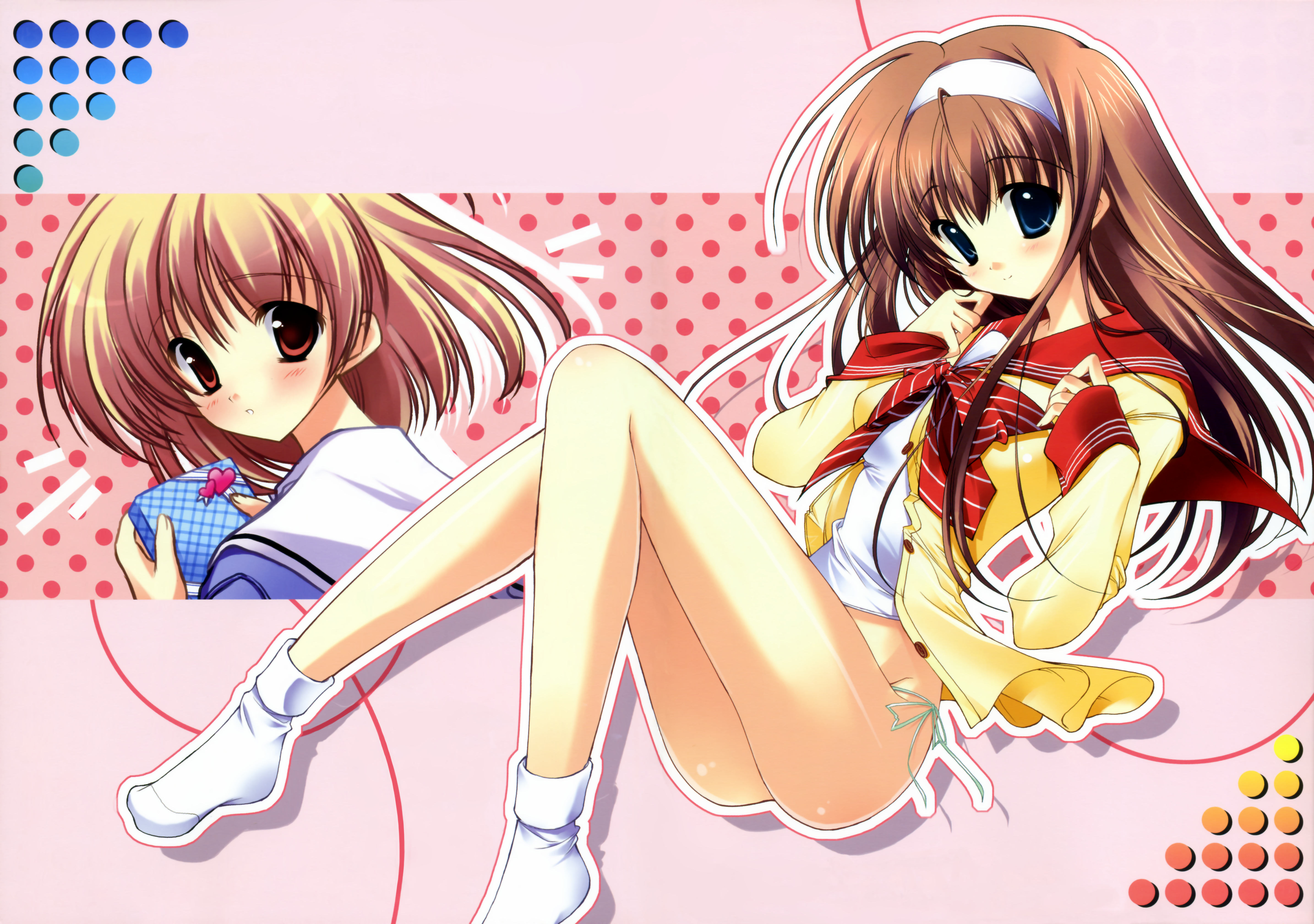 absurdres, highres, 2girls, blonde hair, blue eyes, bottomless, brown hair, multiple girls, red eyes, school uniform, serafuku, socks