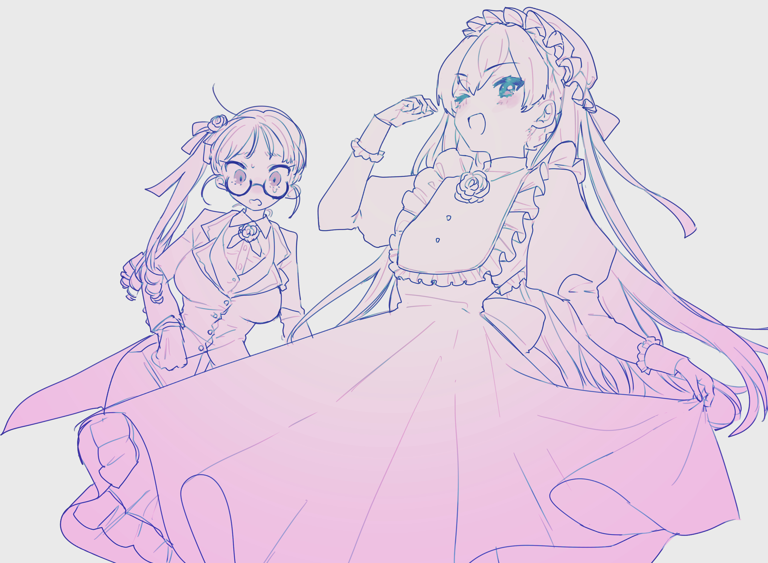 eurasia (wtp09ptw14), original, commentary request, highres, 2girls, :d, breasts, brooch, butler, choppy bangs, collared shirt, crossdressing, crossdressing (ftm), dress, female butler, flower brooch, frills, glasses, hat, jacket, jewelry, juliet sleeves, large breasts, long hair, long sleeves, looking at viewer, mob cap, monochrome, multiple girls, one eye closed, open mouth, pink theme, puffy sleeves, shirt, side ponytail, simple background, sketch, skirt hold, smile, sweat, tailcoat, white background