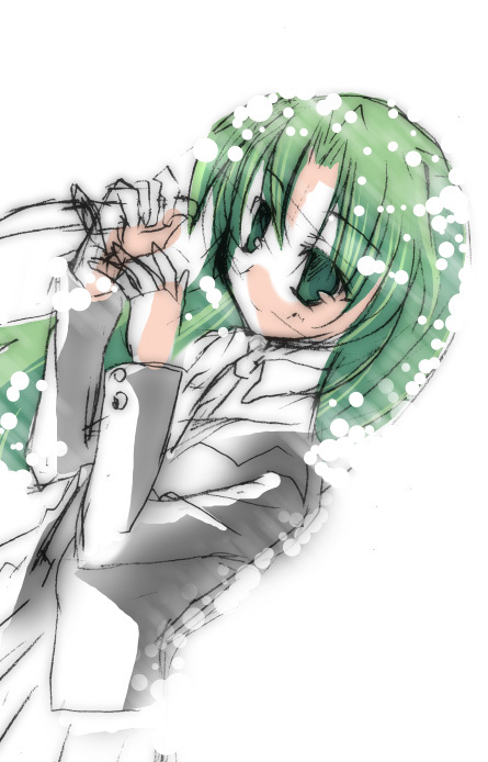 sonozaki shion, higurashi no naku koro ni, 00s, green eyes, green hair, knife, long hair, school uniform, serafuku, solo