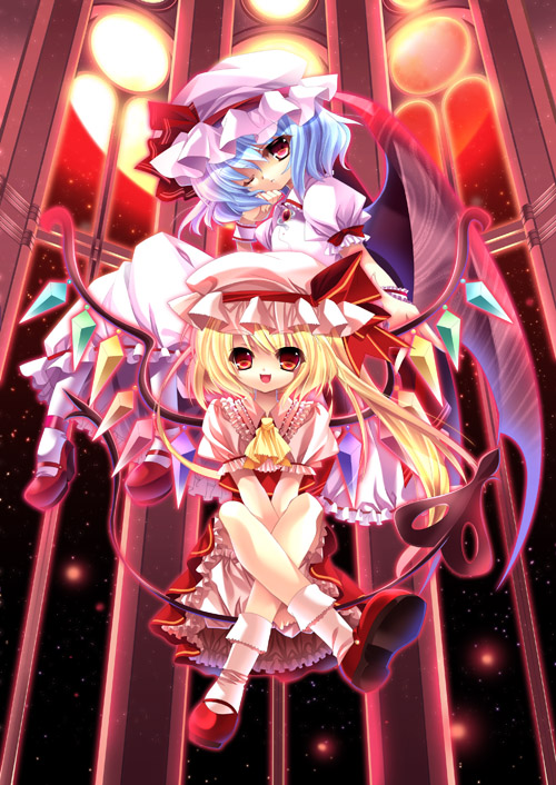 capura lin, flandre scarlet, remilia scarlet, touhou, 2girls, blonde hair, blue hair, female focus, hat, mob cap, multiple girls, ribbon, short hair, siblings, sisters, wings
