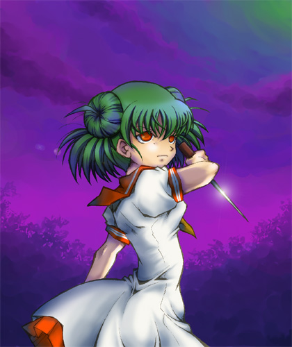 fuzuki imeri, kimiyoshi natsumi, higurashi no naku koro ni, lowres, 00s, 1girl, donut hair bun, dress, female focus, green hair, hair bun, knife, night, orange eyes, solo, yandere