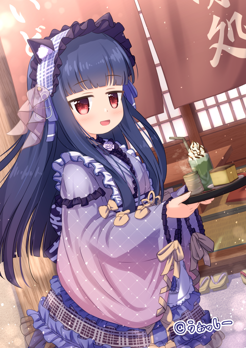 uosshi, sajo yukimi, idolmaster, idolmaster cinderella girls, 1girl, animal ears, cat ears, frills, holding, holding tray, japanese clothes, long hair, looking at viewer, red eyes, smile, solo, tray