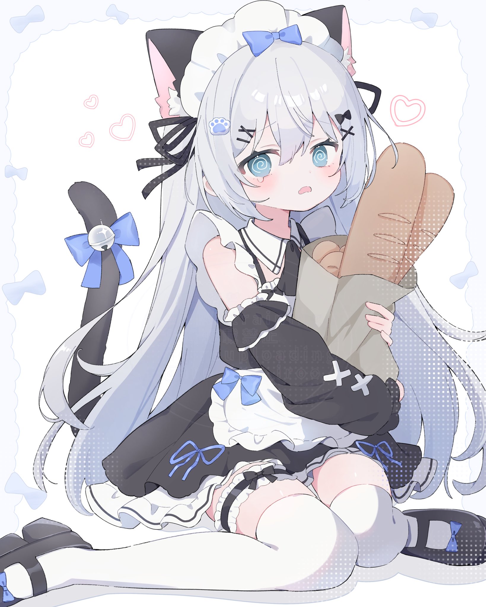 iro iro iroo, original, commission, highres, skeb commission, 1girl, @ @, animal ear fluff, animal ears, apron, bag, baguette, bell, black dress, black ribbon, black shoes, blue bow, blue eyes, blush, bow, bread, cat ears, cat girl, cat tail, detached sleeves, dress, food, frills, grey hair, hair ornament, hair ribbon, hairclip, heart, jingle bell, long hair, long sleeves, looking at viewer, maid, maid headdress, mary janes, open mouth, paper bag, ribbon, shoes, sitting, solo, tail, tail bell, tail bow, tail ornament, tail ribbon, tearing up, thighhighs, wariza, white apron, white background, white thighhighs, x hair ornament