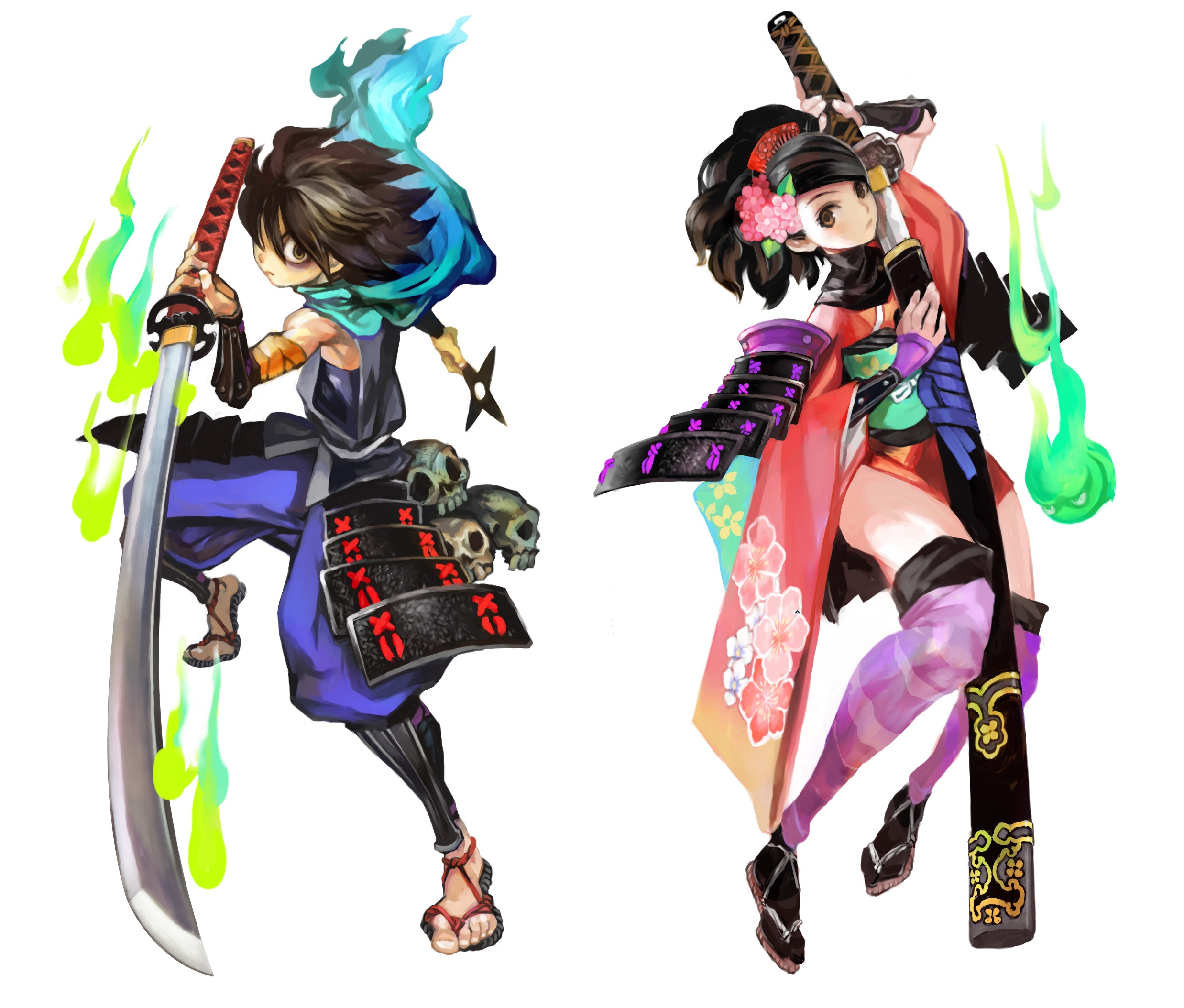 shigatake, izuna jinkuro, jinkuro, kisuke, momohime, oboro muramasa, highres, official art, 1boy, 1girl, armor, black hair, blush, brown eyes, cherry blossoms, comb, fire, floral print, flower, gauntlets, ghost, green fire, green flames, hair flower, hair ornament, hitodama, holding, holding sword, holding weapon, japanese armor, japanese clothes, katana, kimono, kote, kurokote, kusazuri, pale skin, sandals, scarf, sheath, sheathed, short kimono, shoulder armor, shuriken, simple background, skull, sode, spirit, star (symbol), striped clothes, striped thighhighs, suneate, sword, thighhighs, unsheathing, weapon