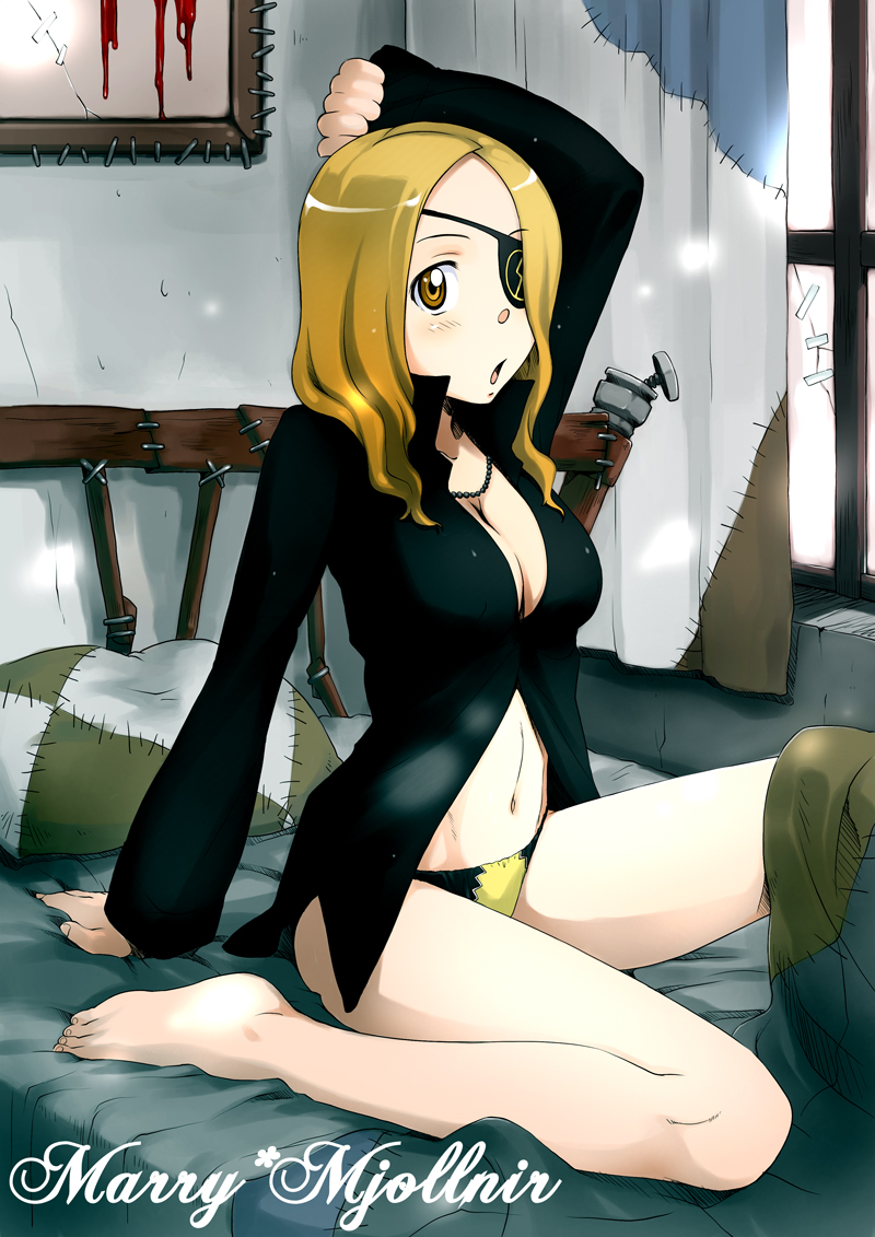 sakura kotetsu, marie mjolnir, soul eater, 00s, 1girl, artistic error, barefoot, bed, blonde hair, blush, breasts, character name, cleavage, dress shirt, english text, engrish text, eyepatch, feet, female focus, jewelry, long hair, looking at viewer, nail (hardware), navel, necklace, no pants, open mouth, panties, plantar flexion, popped collar, ranguage, shirt, sitting, solo, stretching, underwear, window, yellow eyes