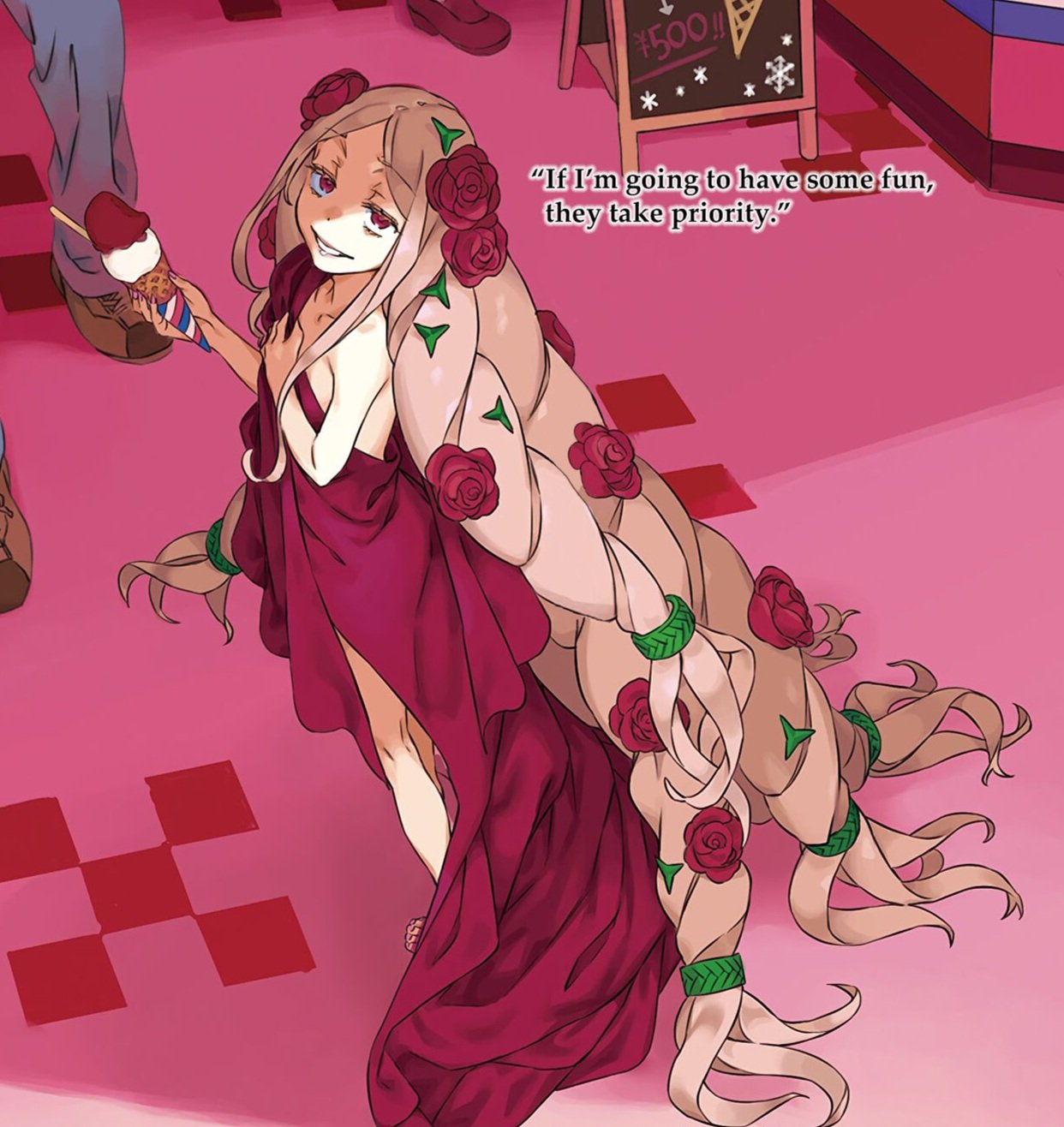 haimura kiyotaka, anna sprengel, index (toaru majutsu no index), othinus, toaru majutsu no index, toaru majutsu no index: genesis testament, cropped, highres, novel illustration, official art, 1girl, absurdly long hair, aged down, bare legs, barefoot, big hair, blue pants, breasts, collarbone, covering breasts, covering privates, dress, english text, flower, food, full body, hair flower, hair ornament, holding, holding food, holding ice cream, holding ice cream cone, ice cream, ice cream cone, long hair, looking at viewer, open mouth, out of frame, oversized clothes, pants, pink eyes, pink hair, red flower, red rose, rose, shoes, smile, smirk, standing, very long hair, wimple