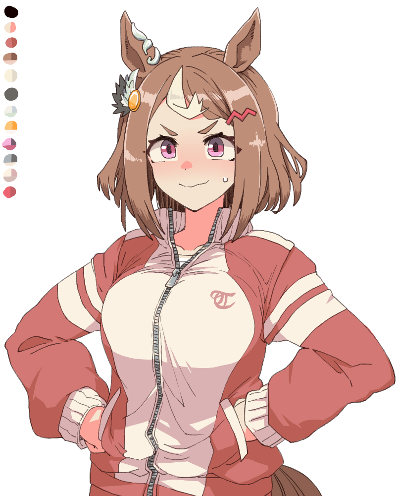 toriga naku, tsurumaru tsuyoshi (umamusume), umamusume, 1girl, animal ears, brown hair, closed mouth, hair ornament, hairclip, hands on own hips, horse ears, horse girl, multicolored hair, pink eyes, short hair, simple background, smile, solo, streaked hair, tracen training uniform, white background, white hair