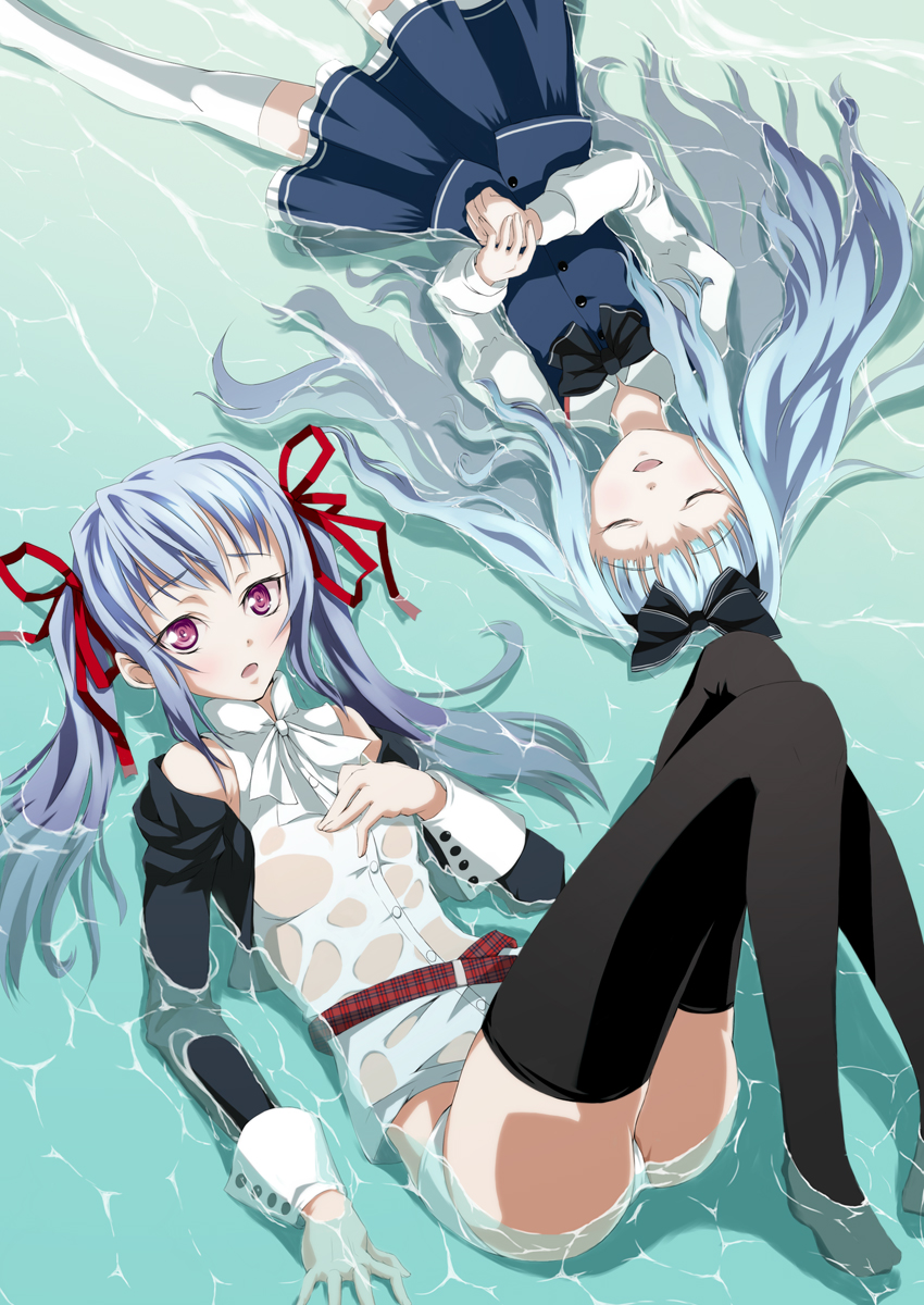hachisuzume shijimi, amatsuka tsurara, amatsuka watayuki, baby princess, plaid, bad id, bad pixiv id, highres, 10s, belt, black thighhighs, blue hair, blush, bow, closed eyes, flat chest, hair bow, hair ribbon, long hair, panties, purple eyes, ribbon, skirt, socks, thighhighs, twintails, underwear, wading, water, wet, wet clothes, white panties, white thighhighs, zettai ryouiki