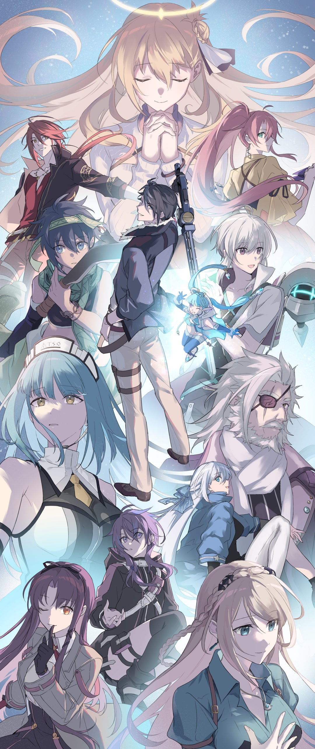 poki (as9861164216765), aaron wei, agnes claudel, bergard zeman, elaine auclair, feri al-fayed, judith lanster, quatre salision, renne (eiyuu densetsu), risette twinings, shizuna rem misurugi, van arkride, eiyuu densetsu, kai no kiseki, kuro no kiseki (series), absurdres, highres, 4boys, 6+girls, ahoge, beard, black gloves, blonde hair, blue eyes, blue hair, bob cut, braid, bun with braided base, closed eyes, closed mouth, eyepatch, facial hair, finger to mouth, floating hair, full beard, gloves, green eyes, hair between eyes, hair bun, hair slicked back, half updo, hime cut, holding, holding weapon, long hair, long sleeves, maid headdress, mullet, multiple boys, multiple girls, one eye closed, open mouth, pink hair, ponytail, purple eyes, short hair, short sleeves, sideburns, sidelocks, single side bun, sword, weapon, white hair, yellow eyes