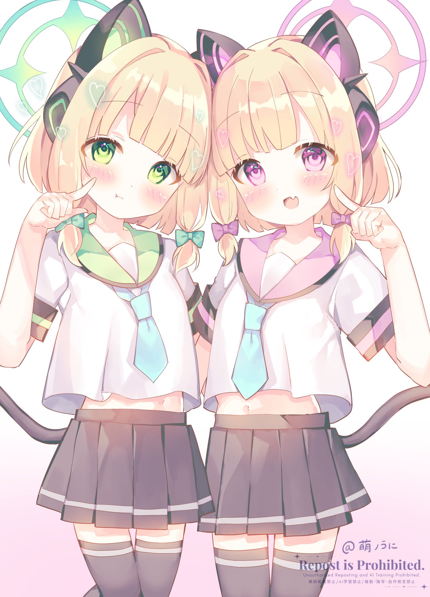 moeno uni, midori (blue archive), momoi (blue archive), blue archive, commentary request, highres, 2girls, :d, :t, alternate costume, animal ear headphones, animal ears, artist name, artistic error, black skirt, black tail, black thighhighs, blonde hair, blue necktie, blunt bangs, blunt ends, blush, bow, cat ear headphones, cat ears, cat tail, closed mouth, cowboy shot, dot nose, extra digits, fake animal ears, fake tail, fang, finger to cheek, gradient background, green bow, green eyes, green halo, green sailor collar, hair bow, halo, hand up, head tilt, headphones, heads together, looking at viewer, low-tied sidelocks, medium hair, midriff peek, multiple girls, navel, necktie, open mouth, pink background, pink bow, pink eyes, pink halo, pink sailor collar, pleated skirt, sailor collar, sailor shirt, school uniform, serafuku, shirt, short sleeves, siblings, side-by-side, sidelocks, sisters, skin fang, skirt, smile, tail, thighhighs, twins, two-tone background, watermark, white background, white shirt