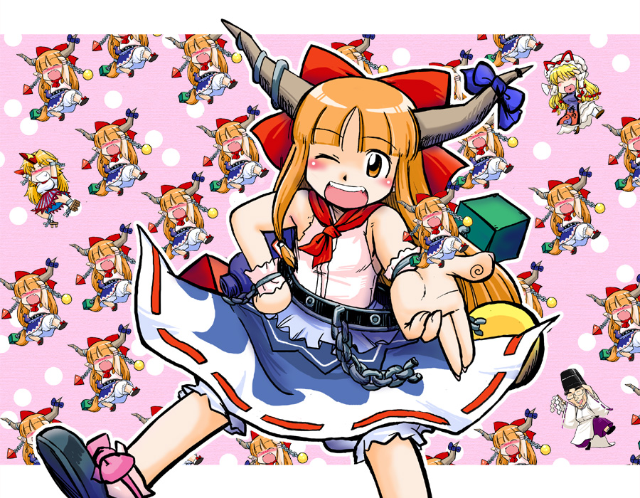 azuki osamitsu, hoshiguma yuugi, ibuki suika, yakumo yukari, zun, touhou, 1boy, 6+girls, blonde hair, chibi, clone, cup, glasses, gohei, hat, horns, japanese clothes, long hair, multiple girls, odd one out, one eye closed, orange hair, ribbon, sakazuki, single horn, wink