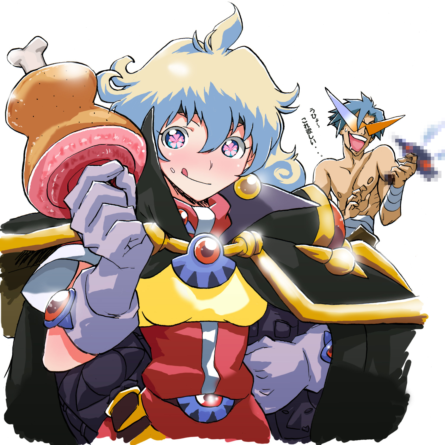 watatsumi, kamina (ttgl), lina inverse, nia teppelin, slayers, tengen toppa gurren lagann, bad id, bad pixiv id, highres, 1boy, 1girl, armor, boned meat, censored, cosplay, fake censor, food, gloves, kamina shades, lina inverse (cosplay), long hair, meat, multicolored hair, triangular eyewear